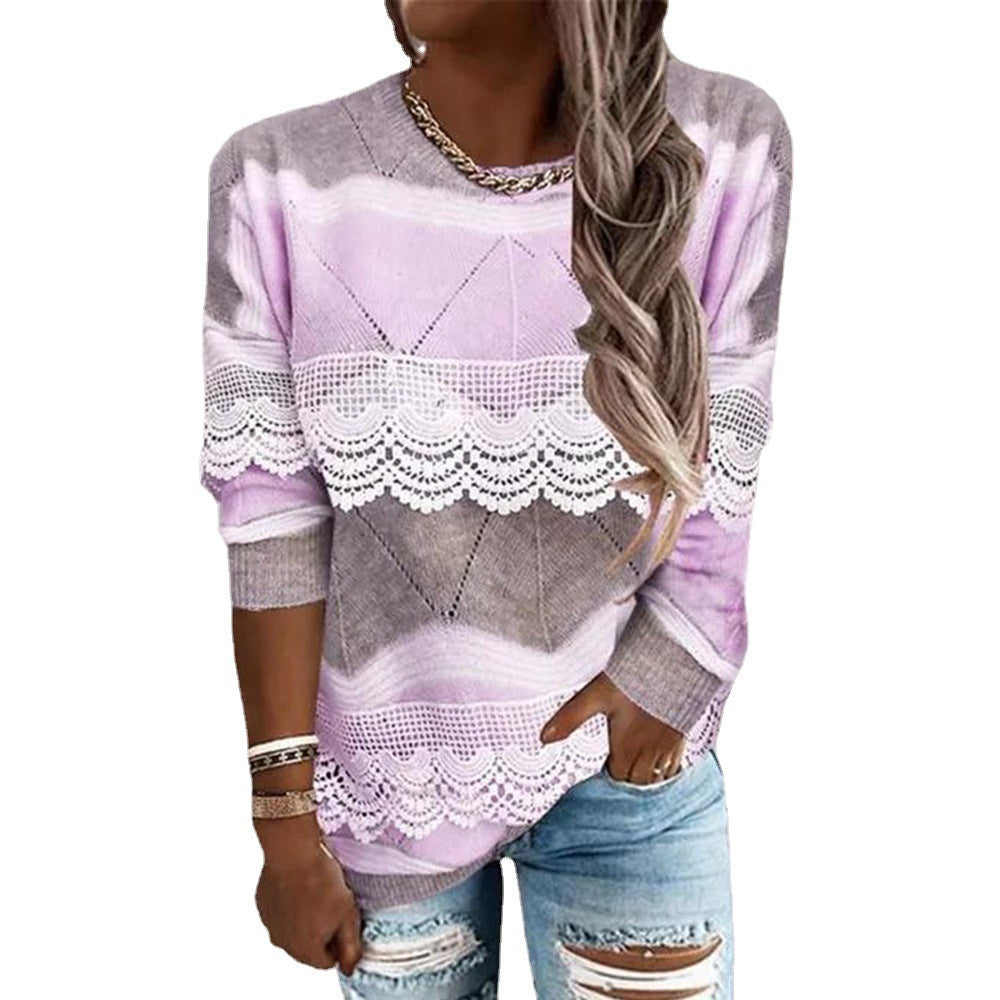 Fashionable Round Neckline Pullover Color Block Casual Top