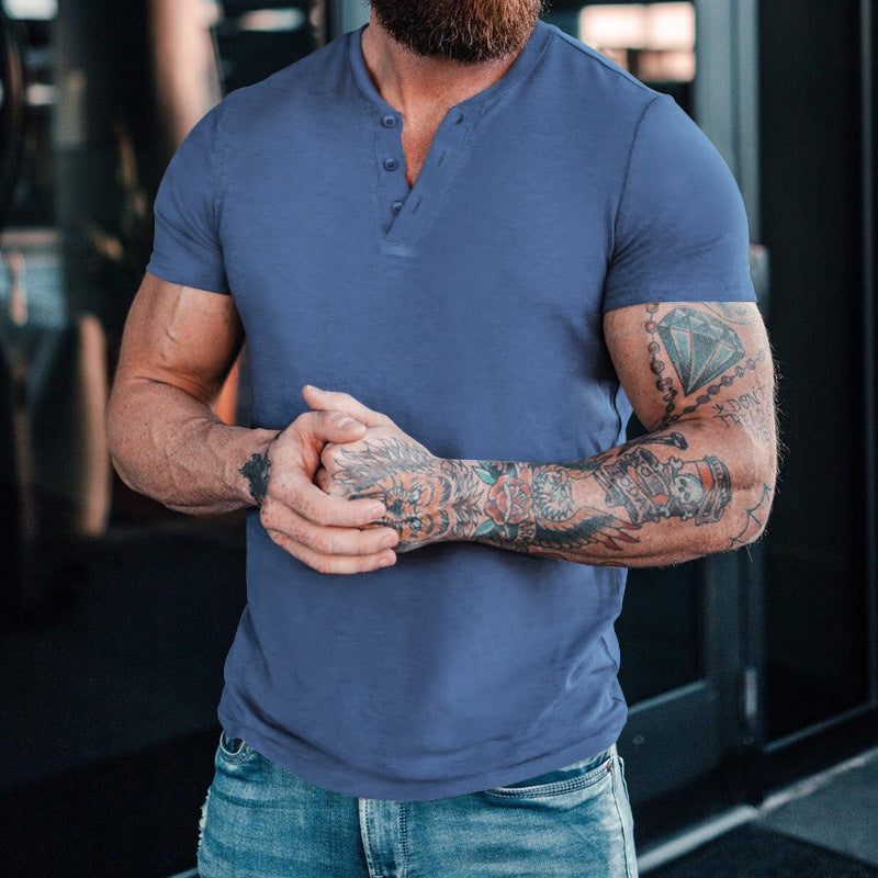 Men's Casual Henley Round Neck Solid Color T-Shirt
