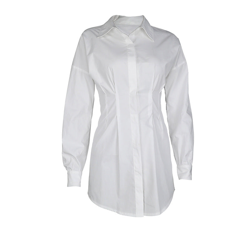 Pleated Waist Cotton Long-Sleeved Shirt