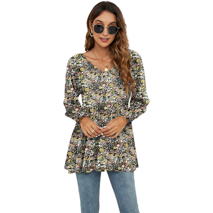 Long Puff Sleeve Tops Women Flowers Print Casual V-Neck Blouse T-Shirts