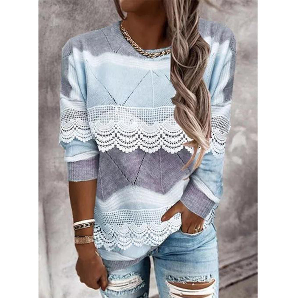 Fashionable Round Neckline Pullover Color Block Casual Top