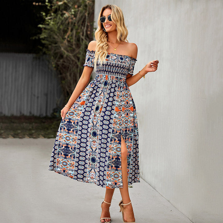 Women's Boho Floral Print Off Shoulder Split Long A Line Beach Dress