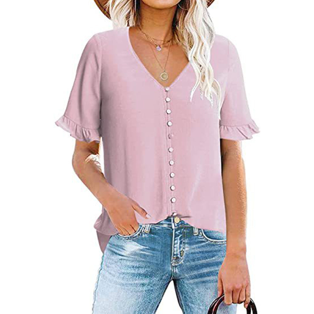 Women's Ruffle V-Neck Button-Down Shirt - Clevecorner