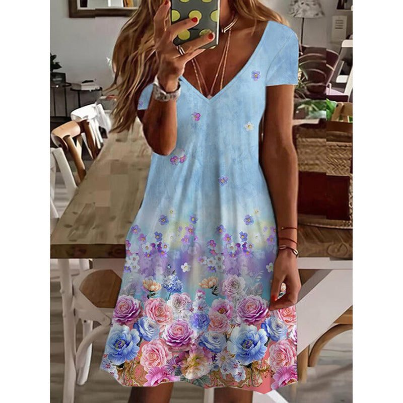 Women's V-Neck Fashion Print Loose Dress - Clevecorner