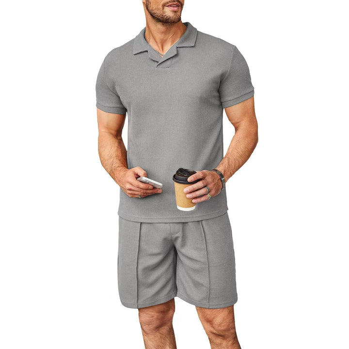 Men's Waffle Style Casual Polo Shirt 2 Pcs Set