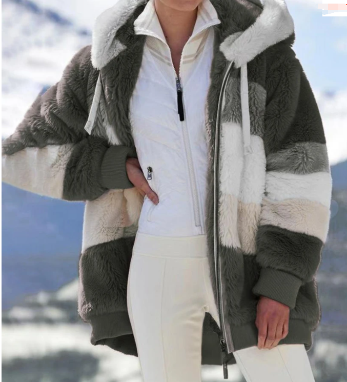 Women's Loose Plush Multicolor Hooded Jacket - Clevecorner
