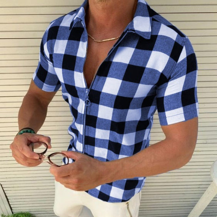 Summer Plaid Zipper T-Shirt for Men