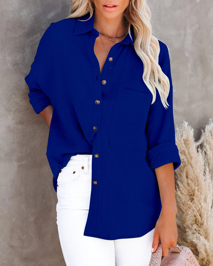 Simple Cotton Linen Long Sleeve V Neck Button Ladies Shirt