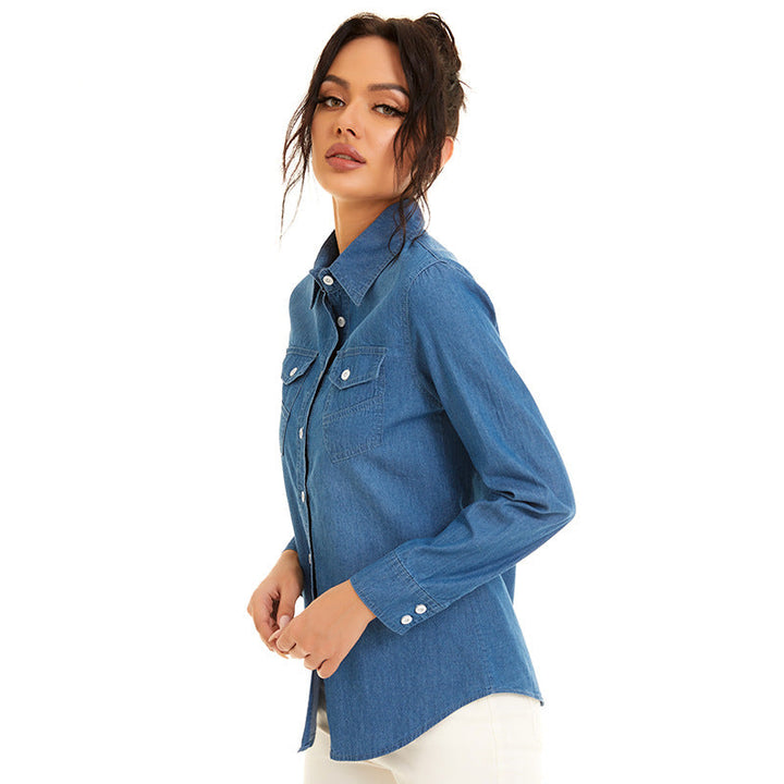 Women's Denim Irregular Pocket Shirt Jacket - Clevecorner