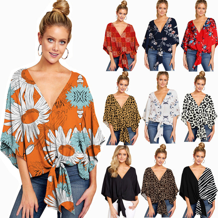 V-neck Short-sleeve Printed Loose Top - Clevecorner