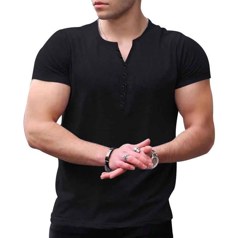 Refined Henley Elegance: Men's Short Sleeve Button-Up Solid Color T-Shirt