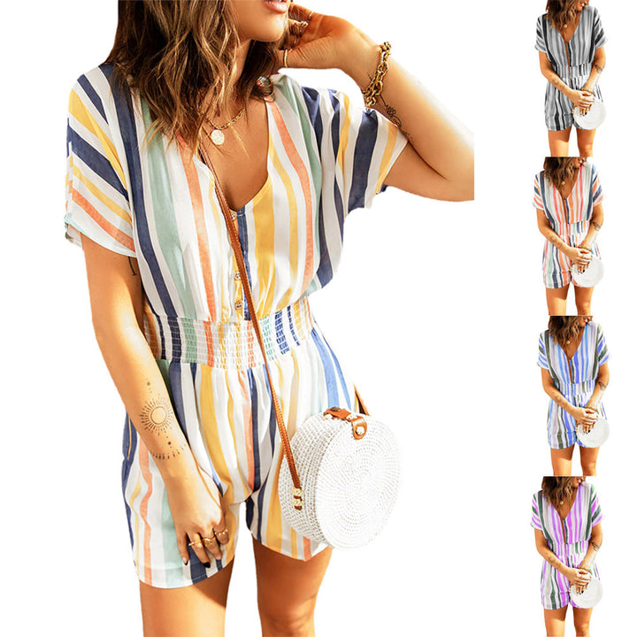 Summer Fashion Women's Elastic Waist Striped Bodysuit - Clevecorner