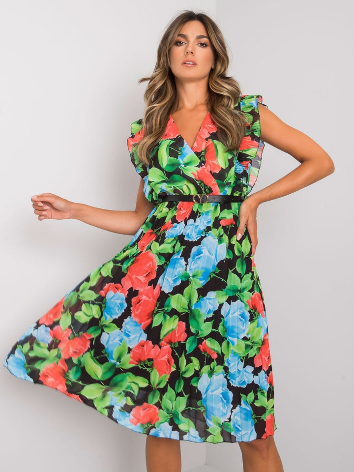 V-Neck Ruffle Sleeveless Flower Dress - Clevecorner