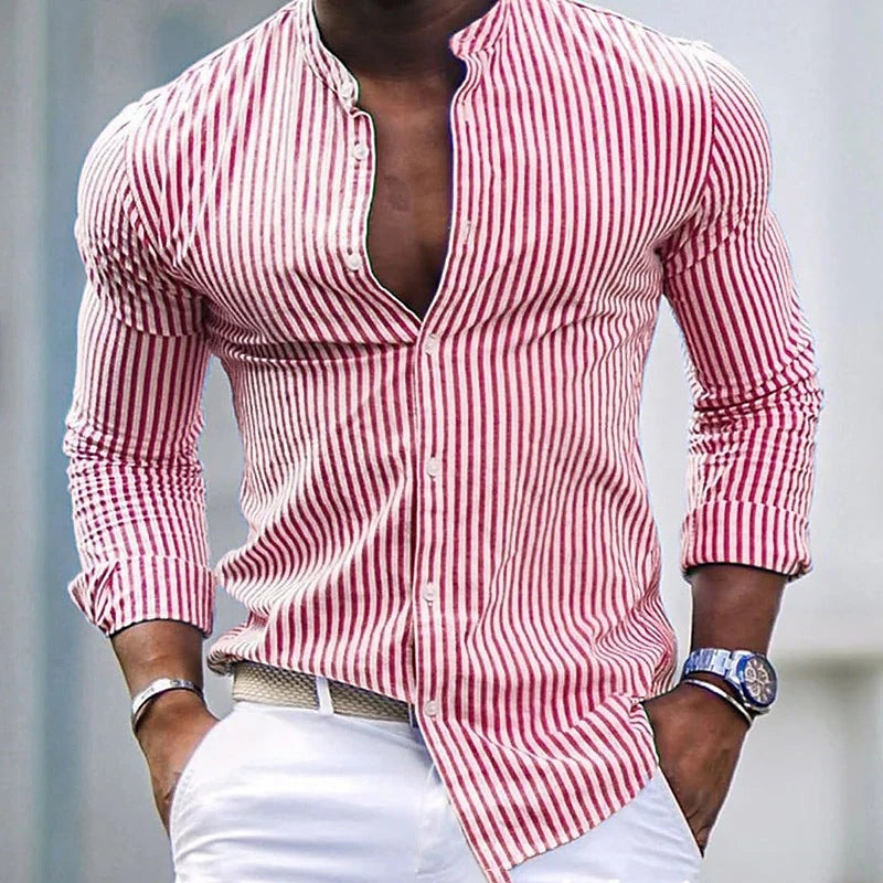 Casual Striped Long Sleeve Shirt with Stand Collar