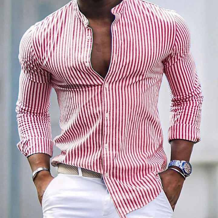 Casual Striped Long Sleeve Shirt with Stand Collar