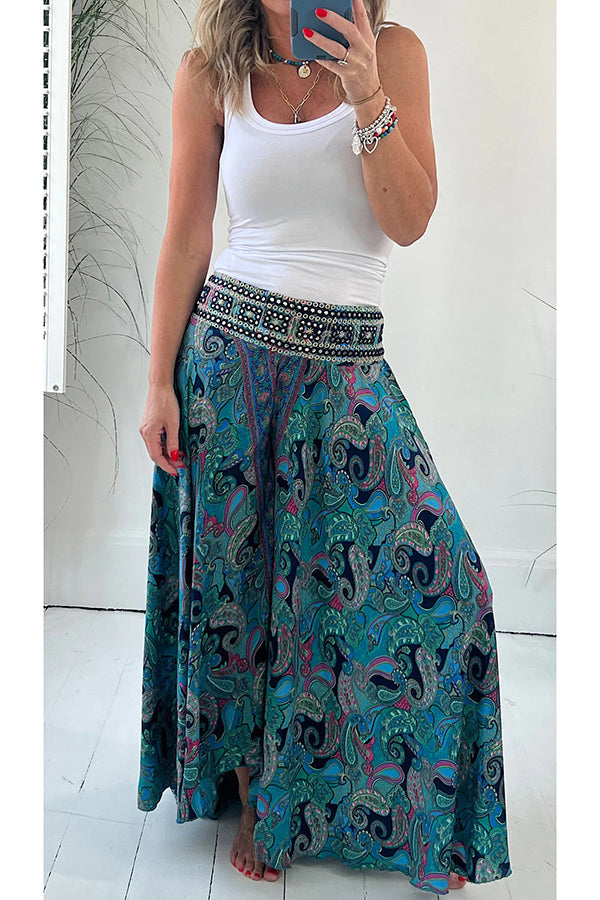 Clevecorner™ Ethnic Paisley Print Elastic Patchwork Waist Pants