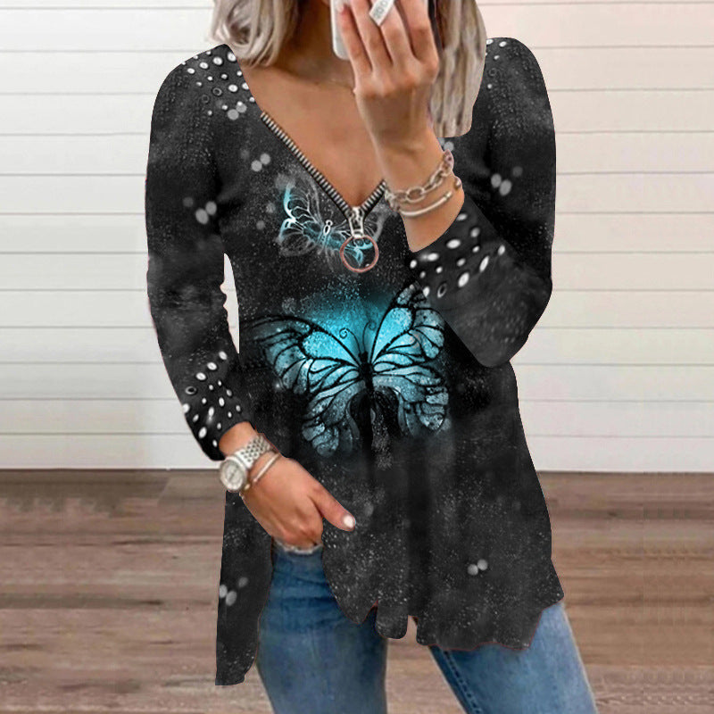 Women's V-neck Zipper Pullover Top Pearl Print T-shirt