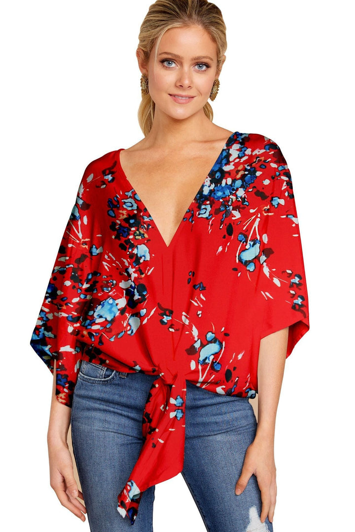 V-neck Short-sleeve Printed Loose Top - Clevecorner
