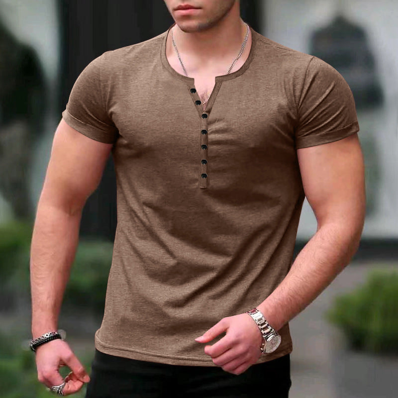 Refined Henley Elegance: Men's Short Sleeve Button-Up Solid Color T-Shirt