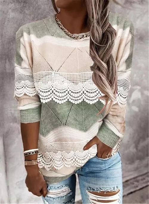 Fashionable Round Neckline Pullover Color Block Casual Top