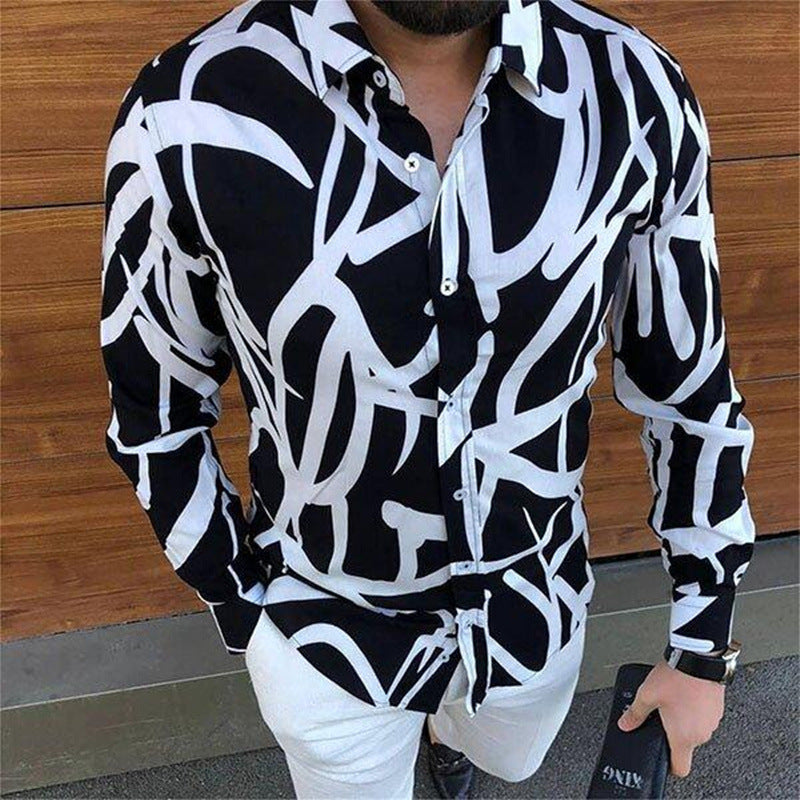 Men's Beach Print Casual Loose Long Sleeve Lapel Men's Top