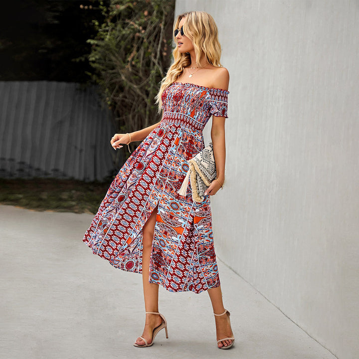 Women's Boho Floral Print Off Shoulder Split Long A Line Beach Dress