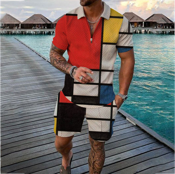 Men's Casual Color Contrast Polo Shirt - Short Sleeve Zip Lapel Suit