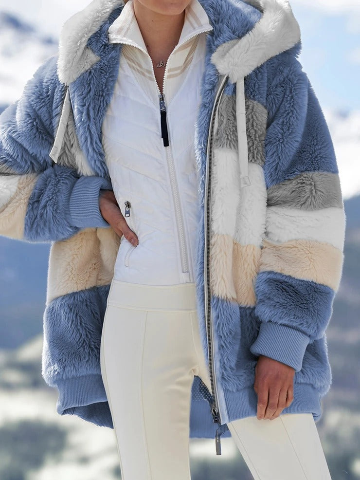 Women's Loose Plush Multicolor Hooded Jacket - Clevecorner
