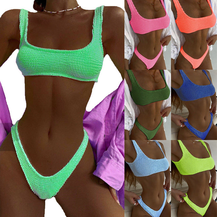 Crinkle Bikini Ladies Macaron Split Swimsuit