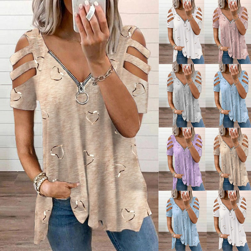 V-neck Zipper Print Short Sleeve Loose Casual T-shirt - Clevecorner