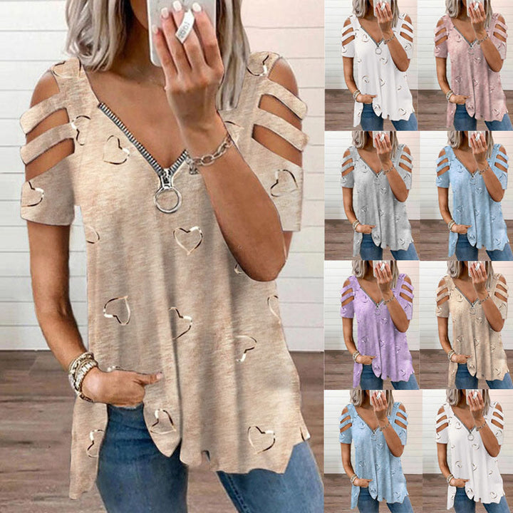 V-neck Zipper Print Short Sleeve Loose Casual T-shirt - Clevecorner