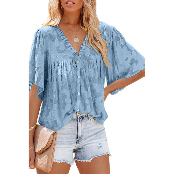 V-neck Cardigan Five-point Mid-sleeve Chiffon Shirt Print Top - Clevecorner