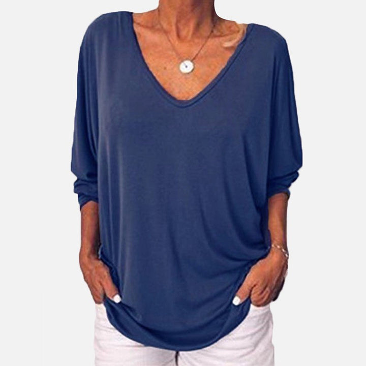 V-neck bat long sleeve back button T-shirt - Clevecorner