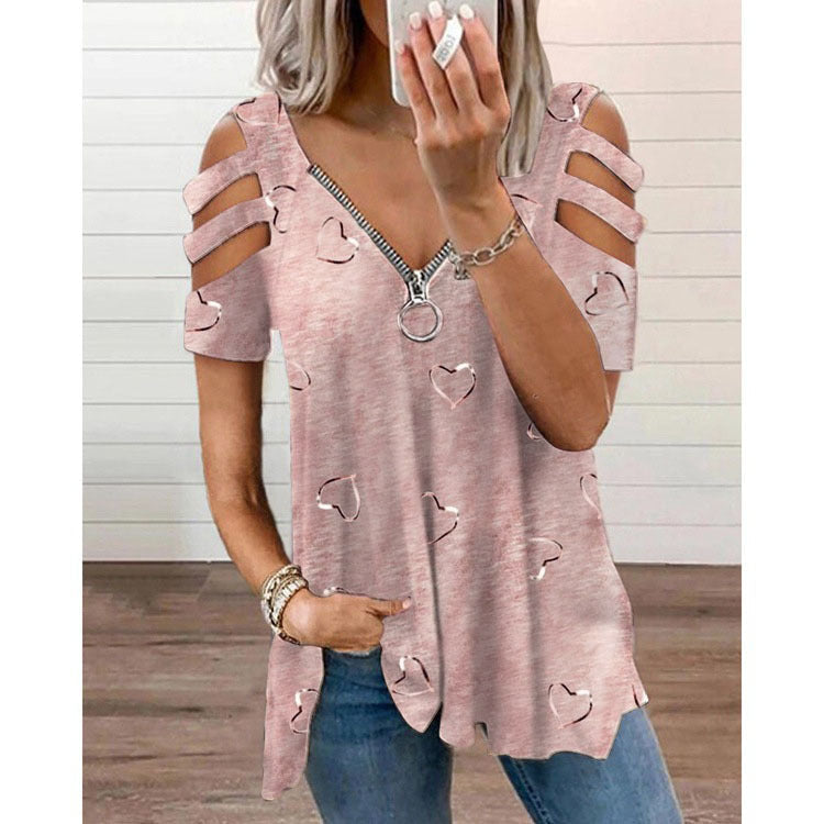 V-neck Zipper Print Short Sleeve Loose Casual T-shirt - Clevecorner