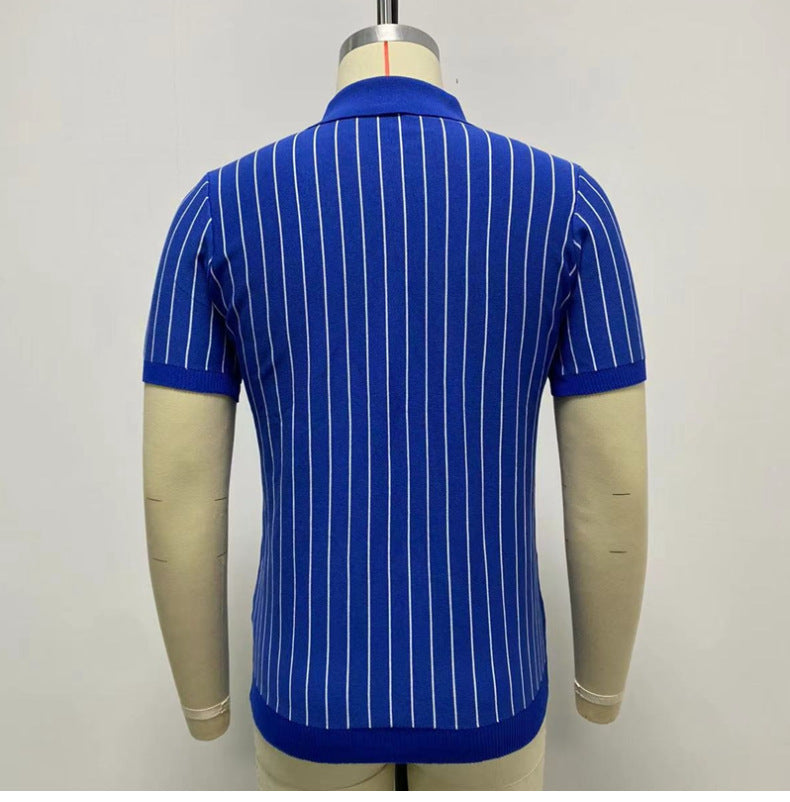 Striped Slim-Fit Short Sleeve Business Shirt with Lapel