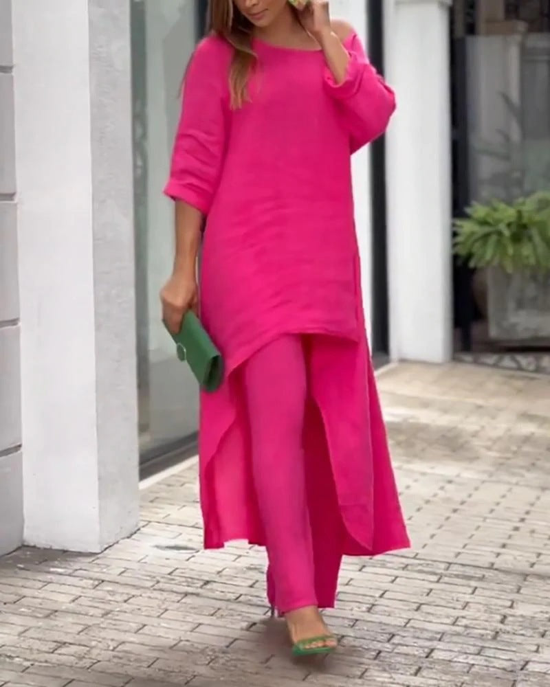 Clevecorner™ Women's Casual Loose Solid Color Two Piece Suit