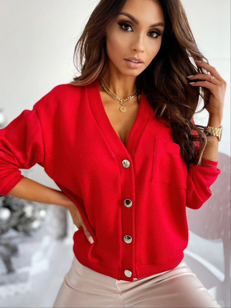 Women's Long Sleeve V-neck Button Bottoming Top - Clevecorner