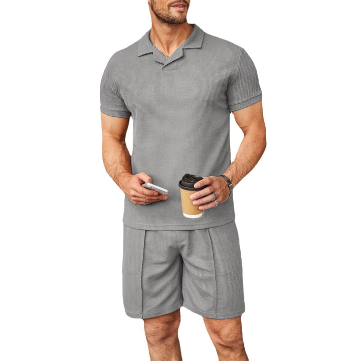 Men's Loose Waffle Polo Shirt Lapel Casual Two-Piece Set