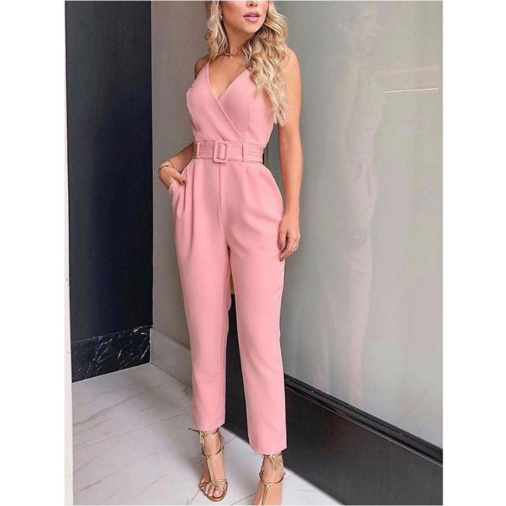 Solid Color V-neck Urban Casual Sexy Jumpsuit