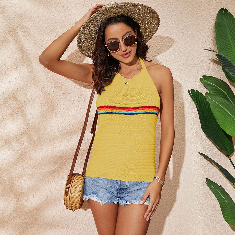 Rainbow Color Stripe Halter Backless Knitted Lace-up Vest