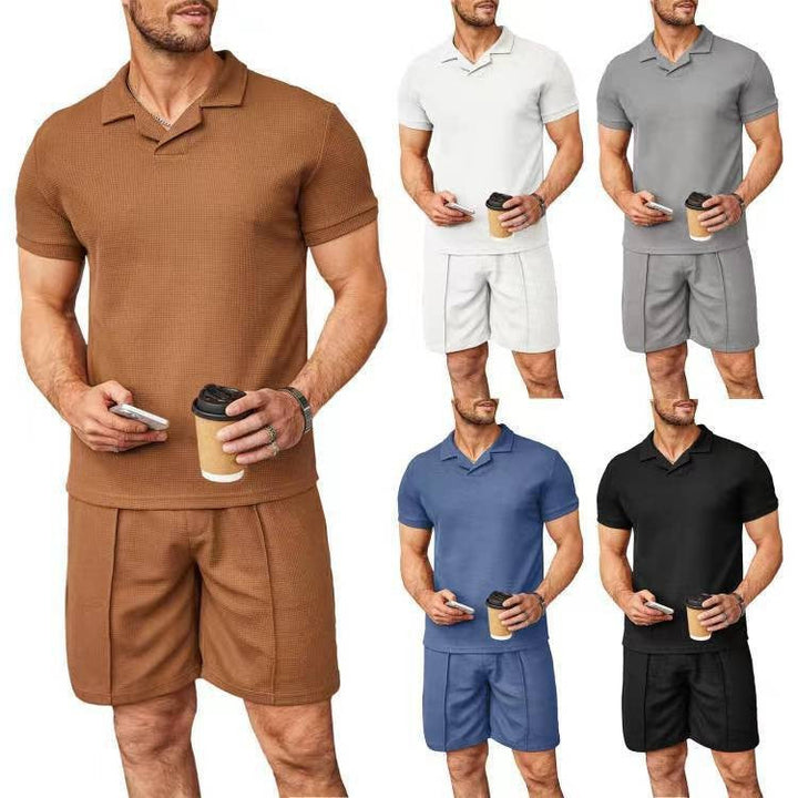 Men's Waffle Style Casual Polo Shirt 2 Pcs Set