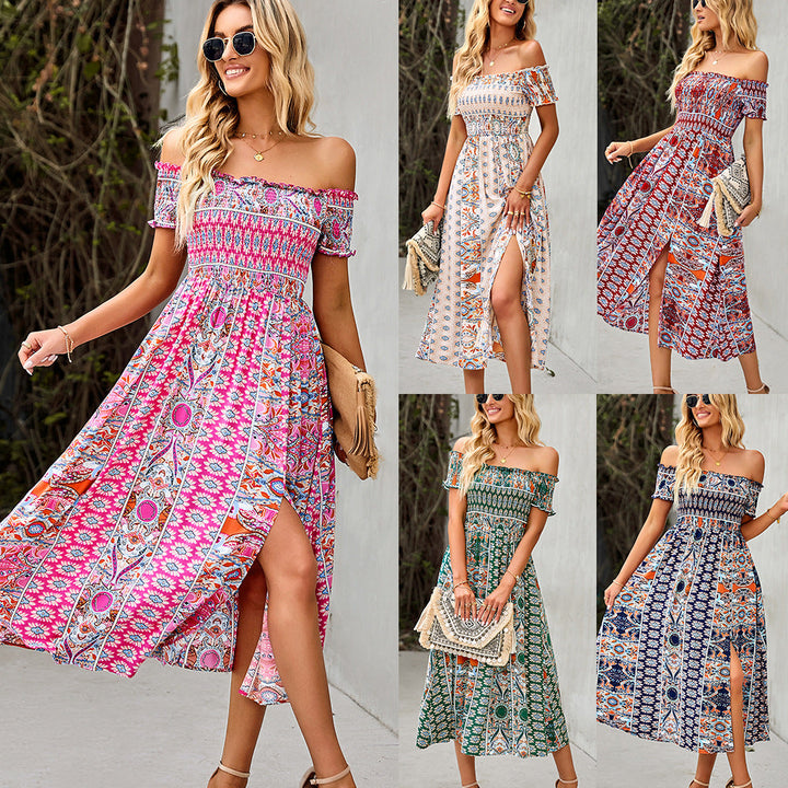 Women's Boho Floral Print Off Shoulder Split Long A Line Beach Dress
