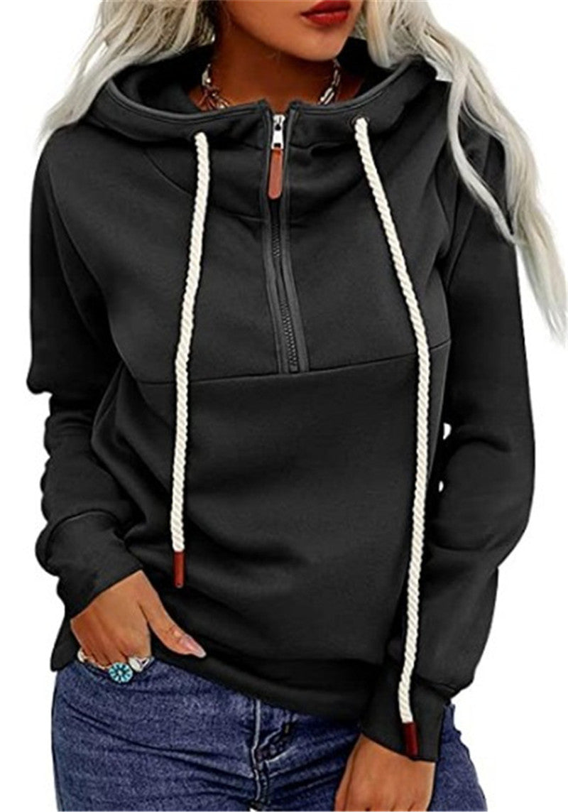Women's Front Zipper And Fleece Hooded Sweatshirt