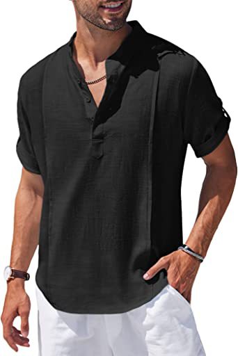 Henley Linen Men Casual Short Sleeve T-Shirt
