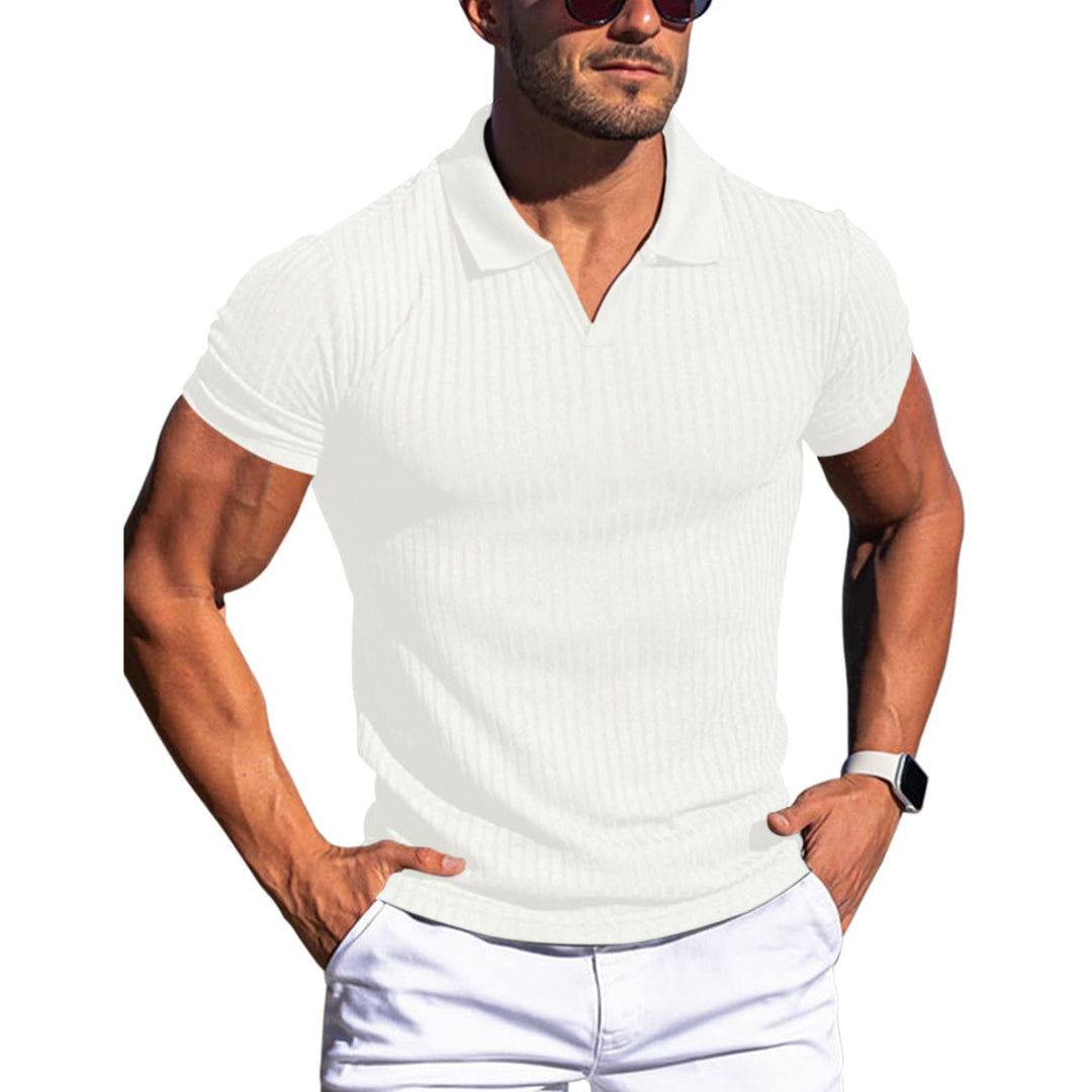Polo Shirt Lapel V-neck Vertical Striped Short Sleeve Men's T-Shirt