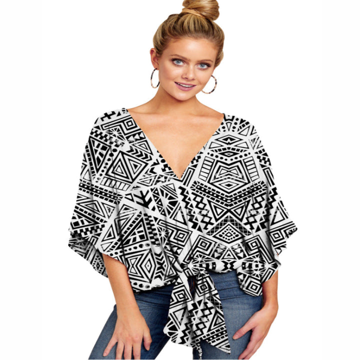 V-neck Short-sleeve Printed Loose Top - Clevecorner