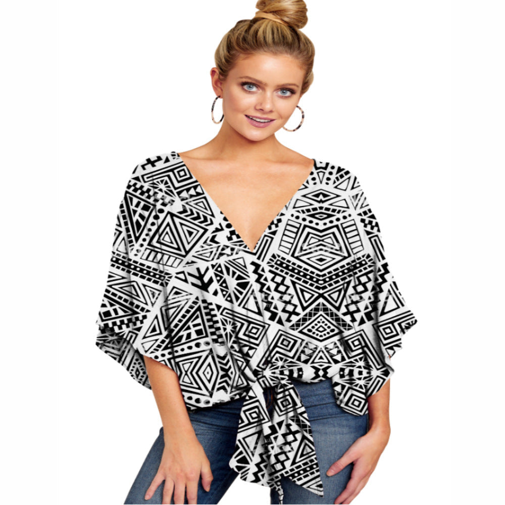 V-neck Short-sleeve Printed Loose Top - Clevecorner