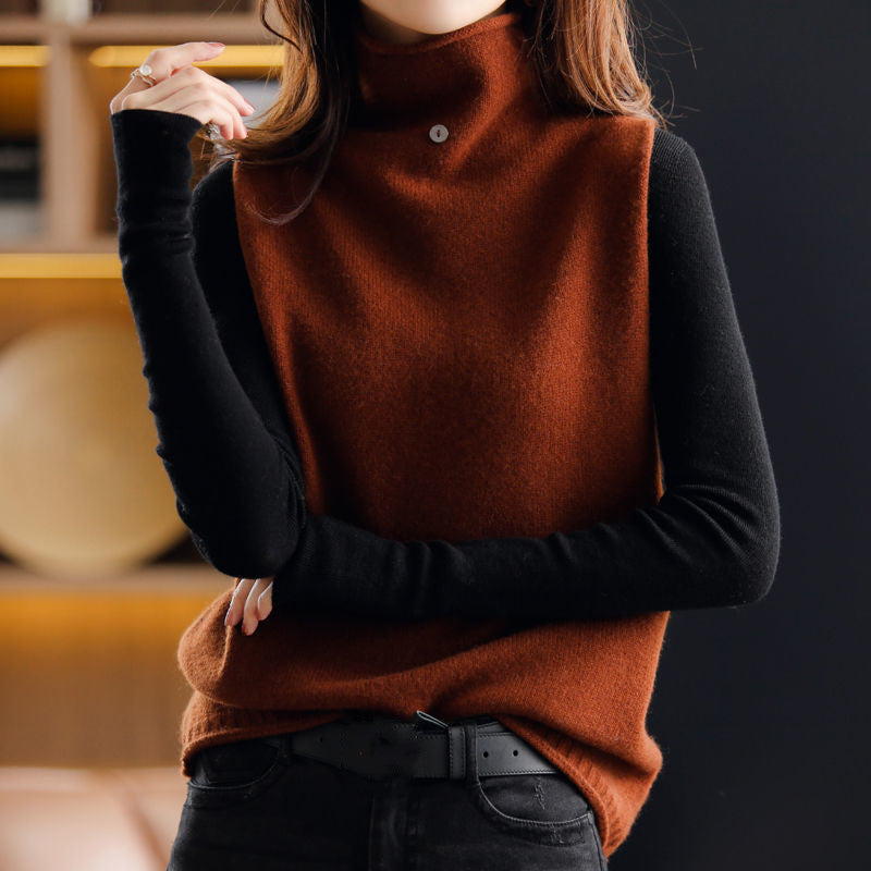 Women's High Collar Button Solid Color Knitted Vest - Clevecorner