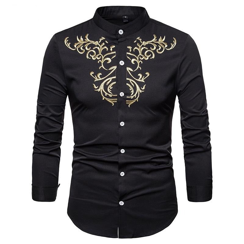 Men's Embroidered Henry Collar Ironing Free Long Sleeves Shirt