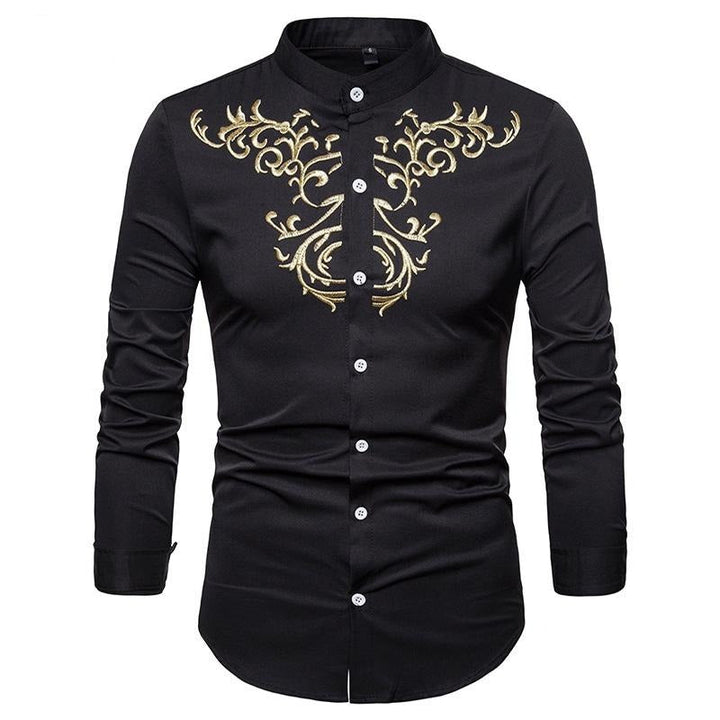Men's Embroidered Henry Collar Ironing Free Long Sleeves Shirt